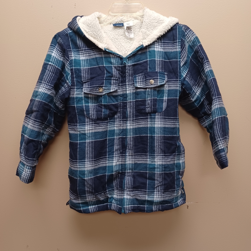Blue Plaid Sherpa Lined Kids Jacket with Hood - 8